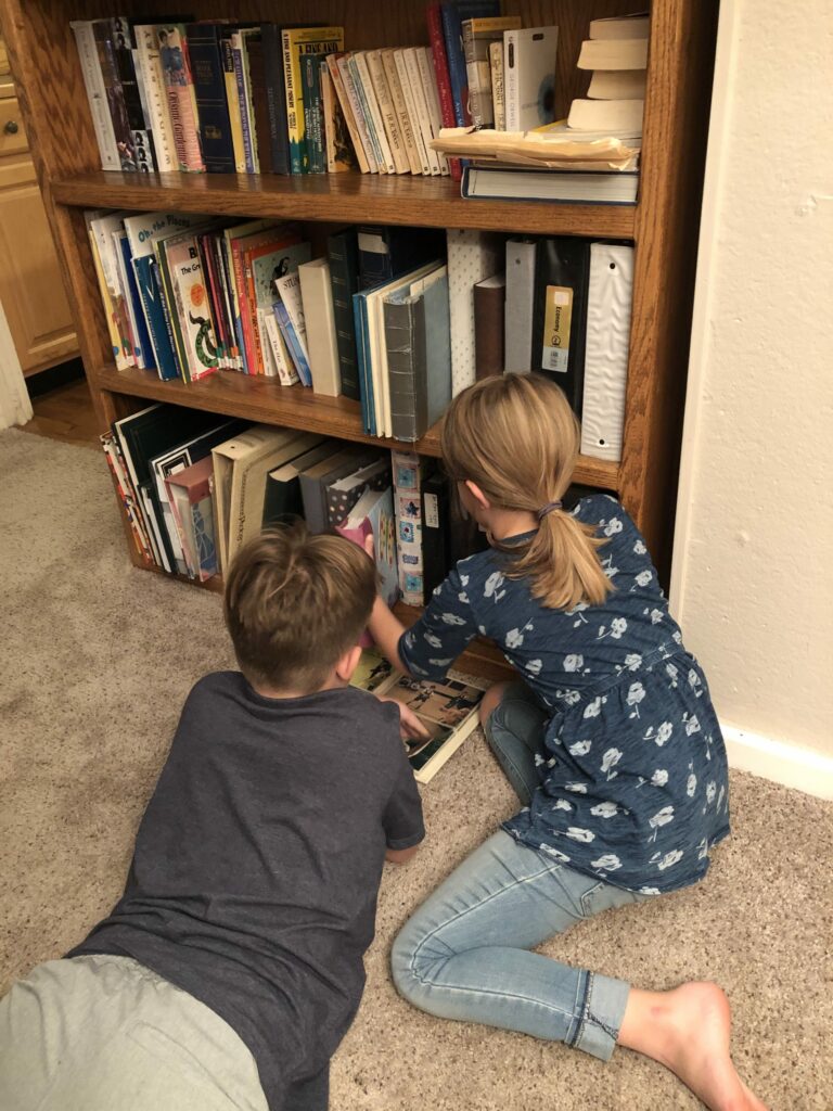 2 kids looking for books on a bookshelf