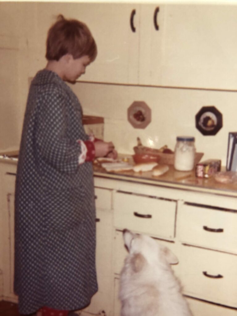 woman making dinner and a dog begging for food