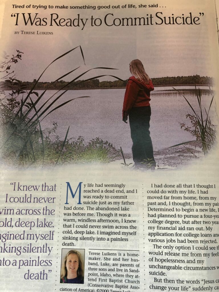 Terese Luikens newspaper article with title "I was ready to commit suicide"