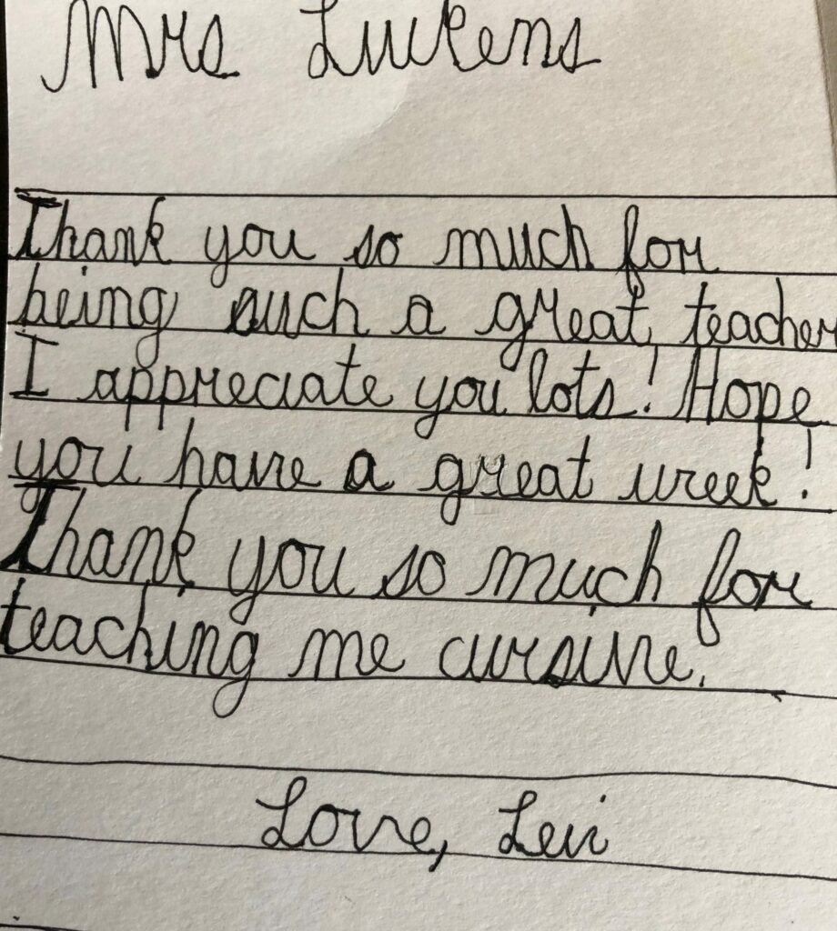 handwriteen text for Mrs Luikens from a student