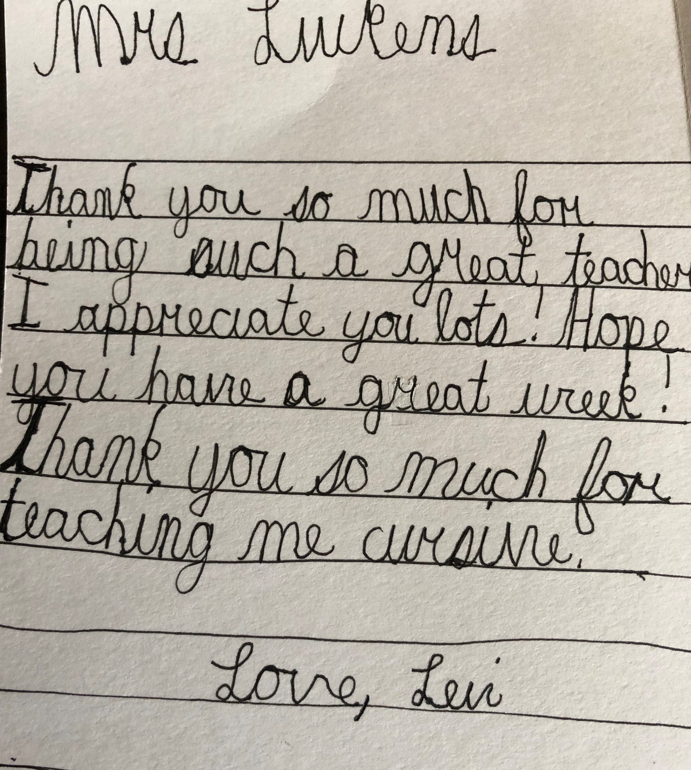 handwriteen text for Mrs Luikens from a student