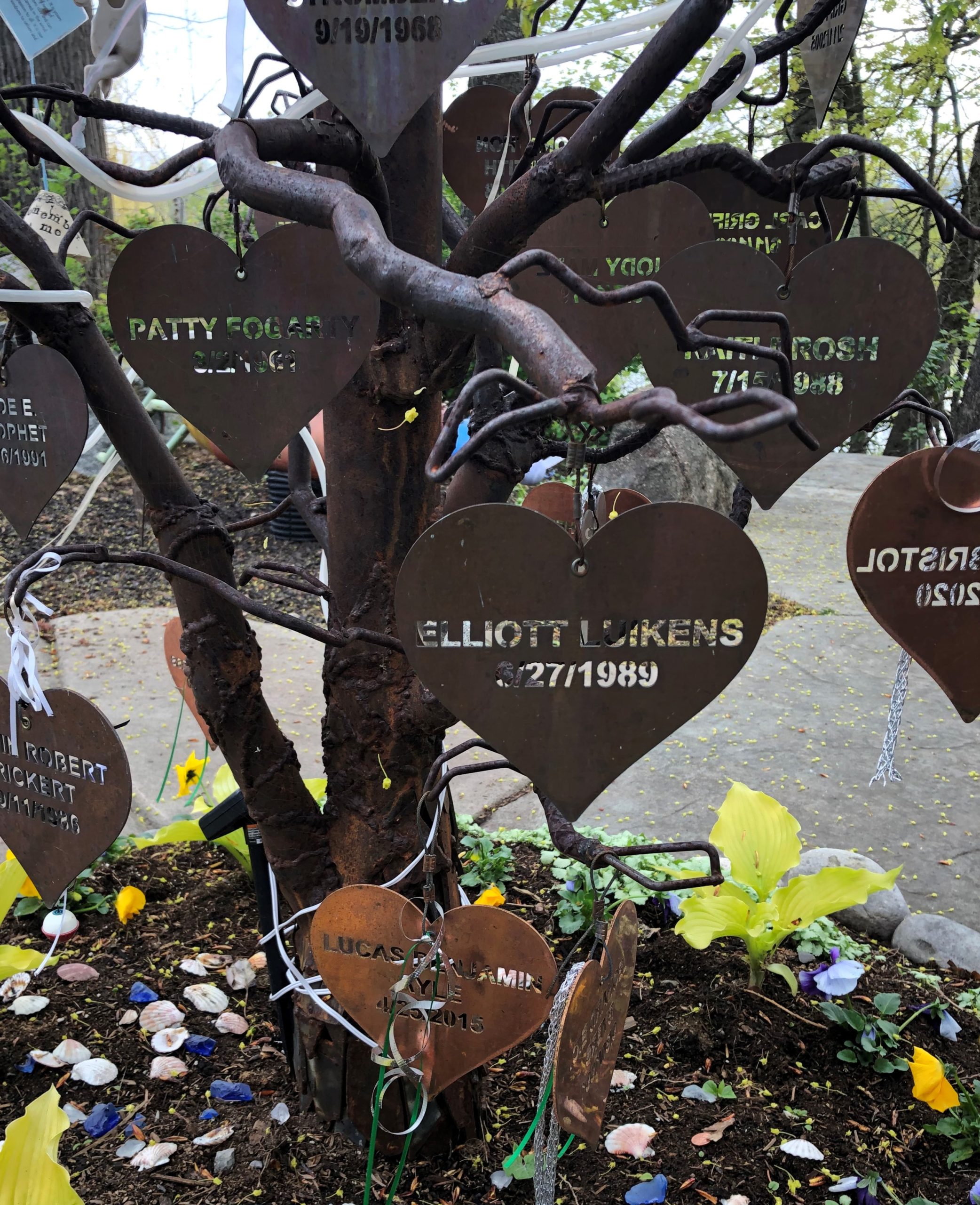 tree with heart pendants with people's names, highlight for Elliott Luikens 3/27/1989