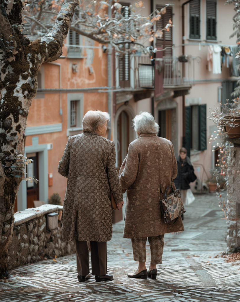 Elderly Friends Walking Down Cobblestone Street